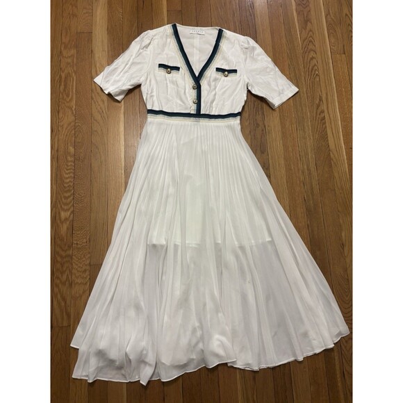 Sandro Paris Cruise Midi Dress Pleated Skirt A Line Button White Green Size 1 S - Picture 2 of 11